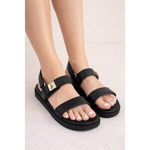 Women Black Platform Sandals Double Strap Gold Buckle Casual Comfort Size 81/2